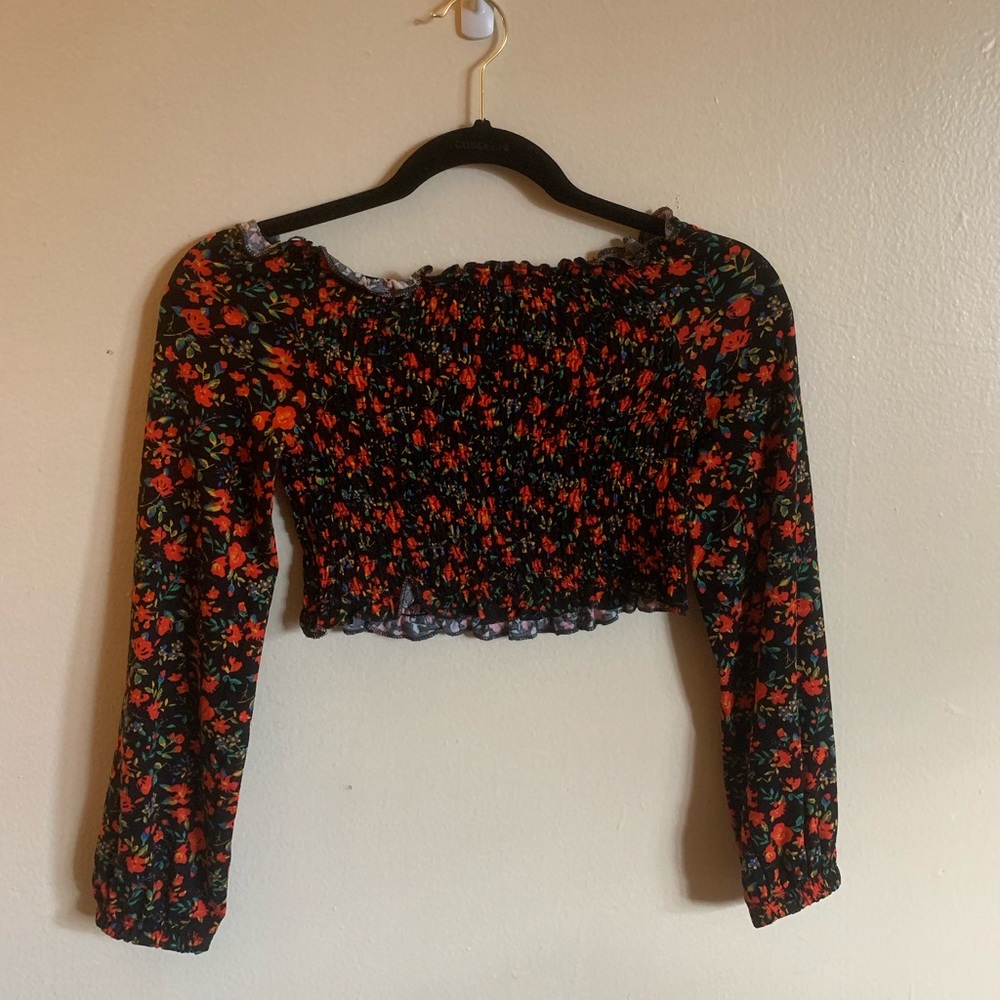 Black Floral Off The Shoulder Long Sleeve Top